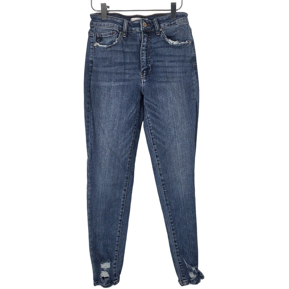 Kancan Jeans 9/28 Womens Mid Rise Skinny Leg Distressed Raw Hem Medium Wash